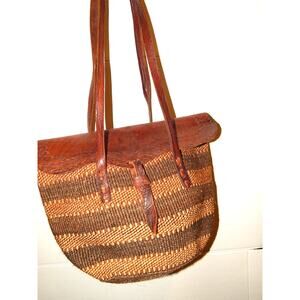 Vtg RARE Sisal Market Jute Tote Bag Woven Bucket Basket Tooled Leather Saddle